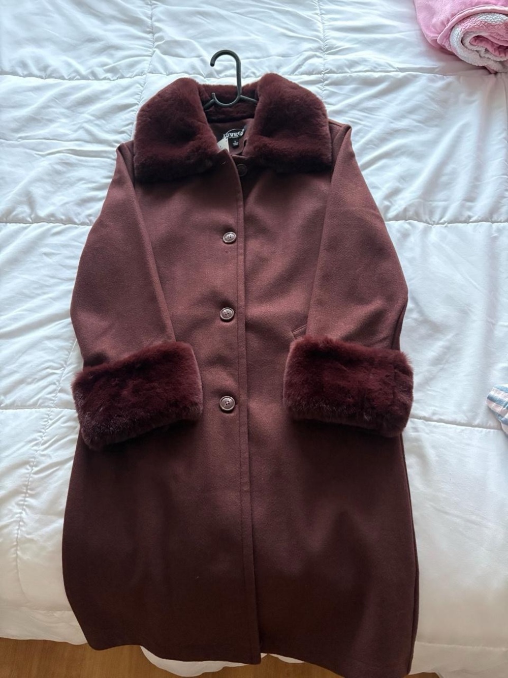 Burgundy/ brown Faux-Fur Trim Pea Coat